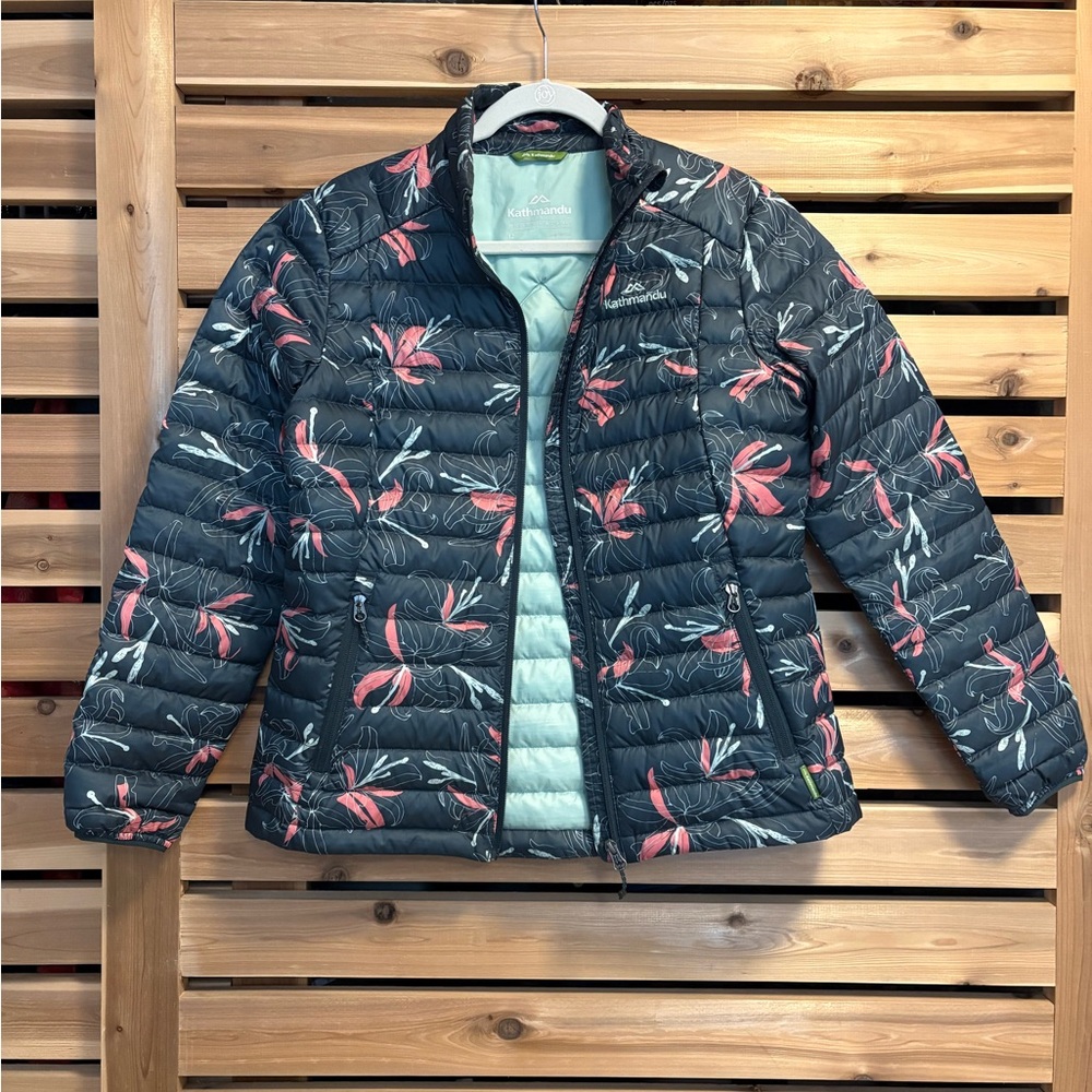Kathmandu Women's Heli Down Puffer Jacket V3 Green Pink Sage Lily Floral Print
